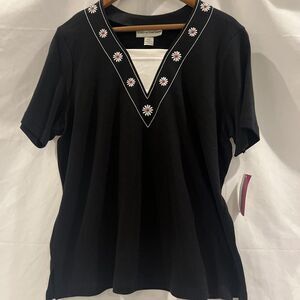 Cathy‎ Daniels Womens L short sleeve black Embroidered Top Cotton Twill